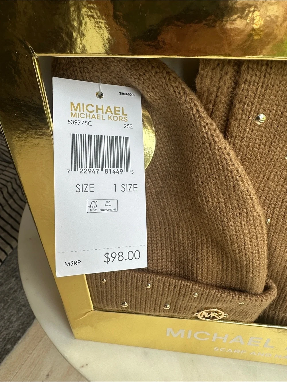 Michael Kors Brown Knit Beanie and Scarf Set with Crystal Studs